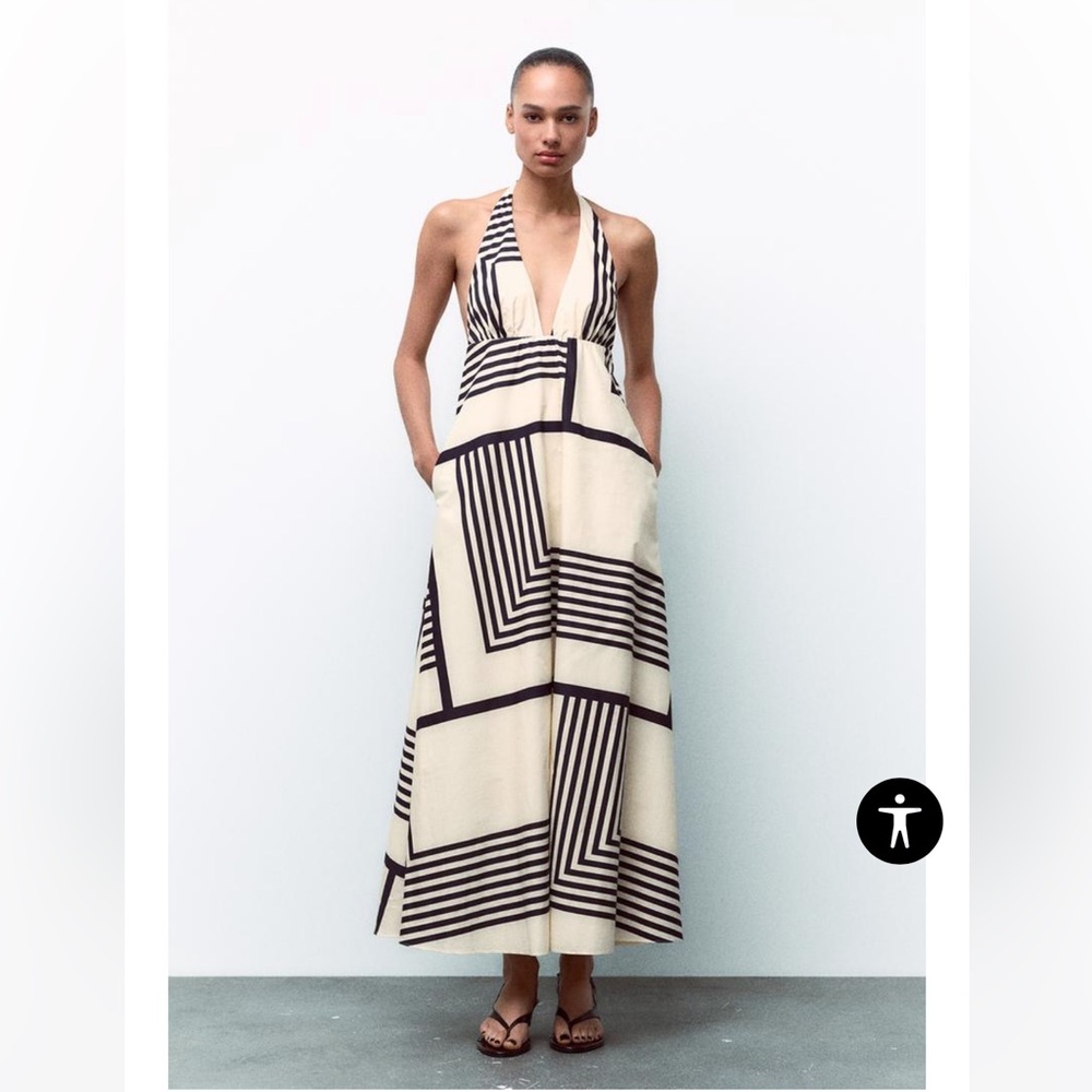 Zara Cream and Black Geometric Halter Midi Dress